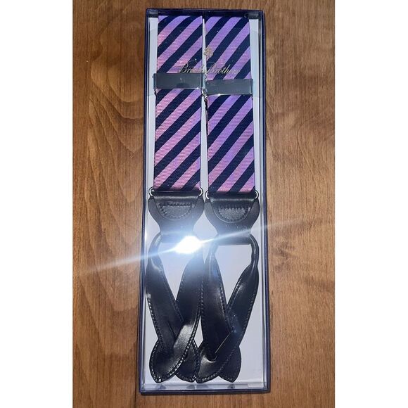 Brooks Brothers Other - NEW Brooks Brothers Suspenders Braces Navy/Pink Stripe Adjustable Y Back Leather